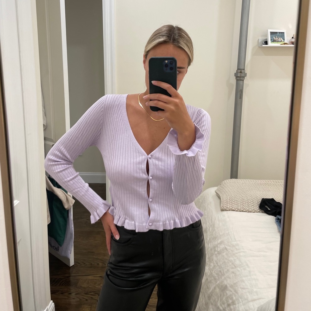 H&M Purple frilly Button-up sweater
